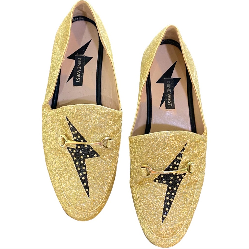 Nine West- Flats, Gold Glitter, Lightening Bolt Women’s Sz 8